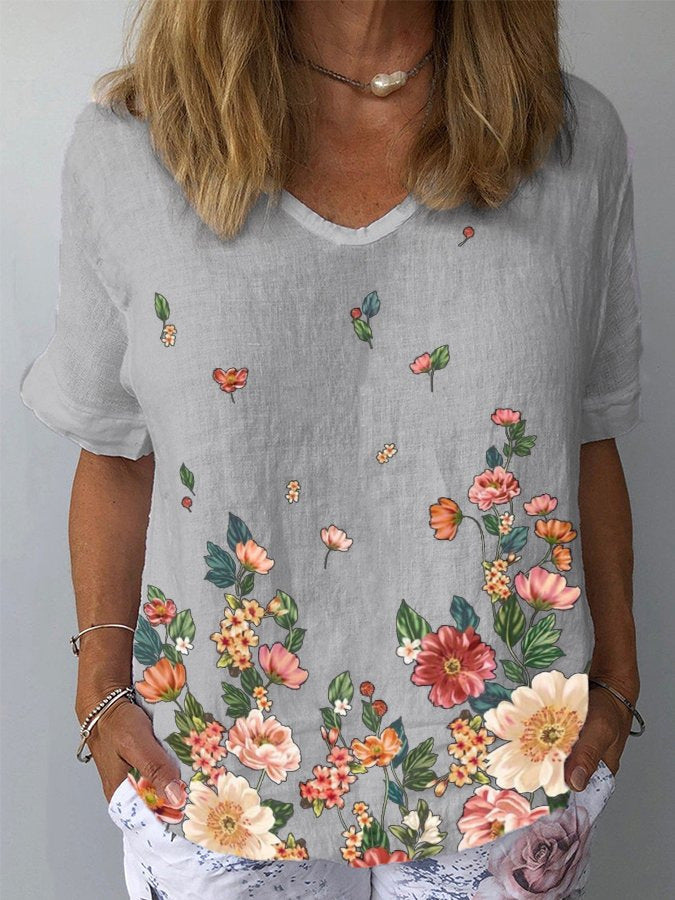 【39%OFF】【S-5XL】🌈Camiseta de manga corta de lino y algodón con estampado floral💐