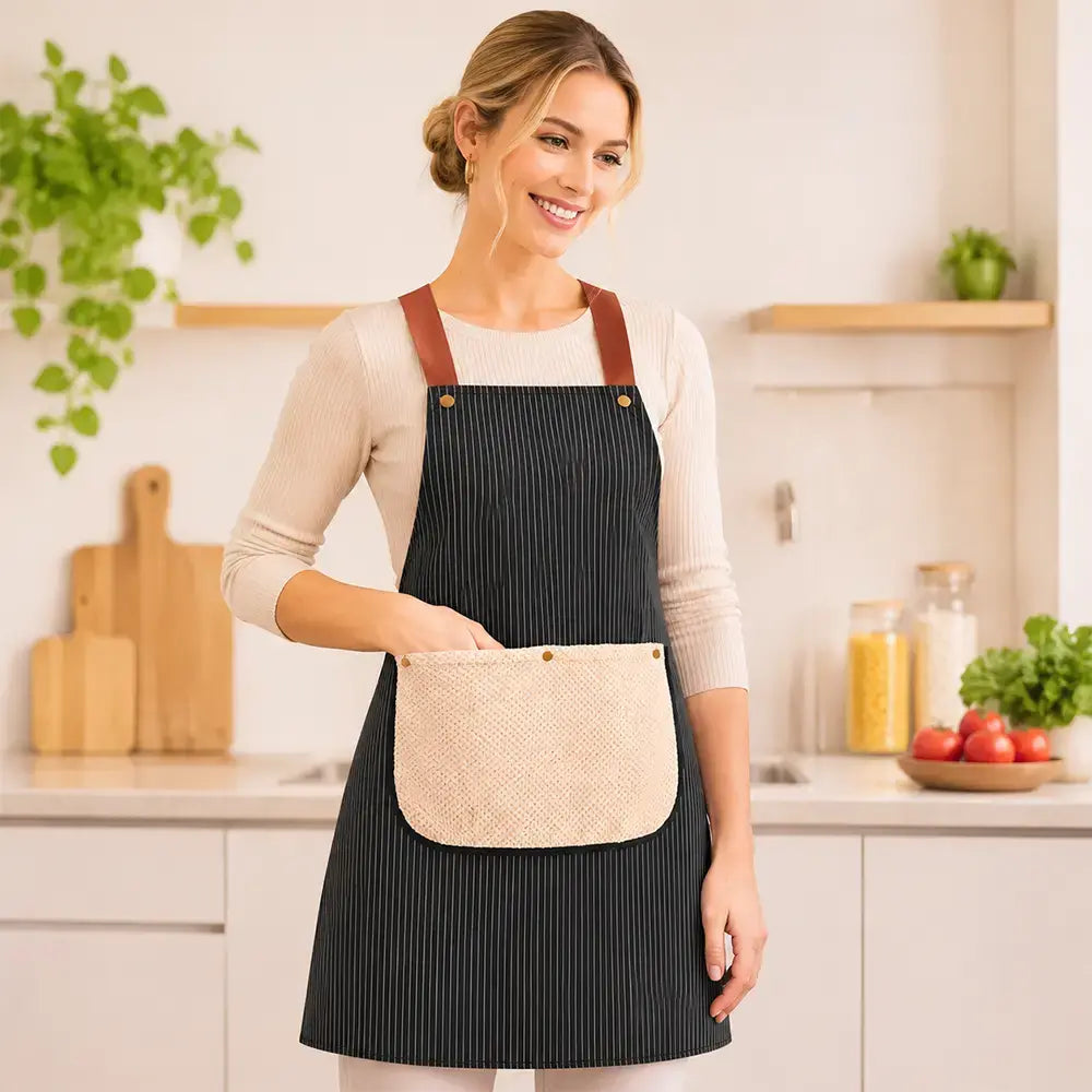 🍳【Compra uno, llévate otro gratis】💧 Delantal Impermeable con Toalla de Manos Desmontable, Correas Cruzadas de Cuero, Resistente al Aceite y Agua, Diseño a Rayas para Cocina y Hogar ✨