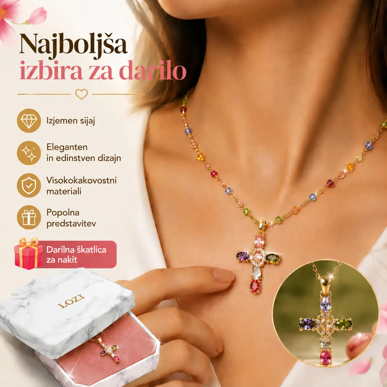 👍🥰 Časovno omejen 50 % popust! Ogrlica s križem, intarzirana z barvnimi kubičnimi cirkoni, ima priloženo čudovito škatlico za nakit.