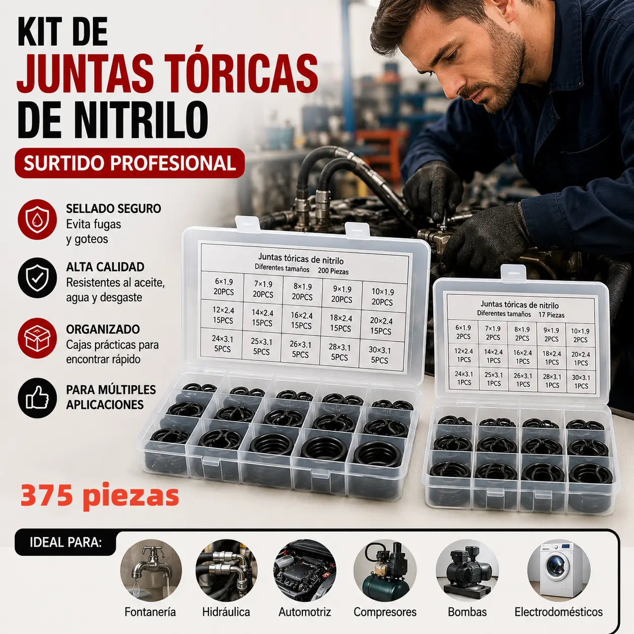 【375 piezas】Juego de 25 tipos de juntas tóricas: ideal para fontanería, automoción y reparaciones domésticas.