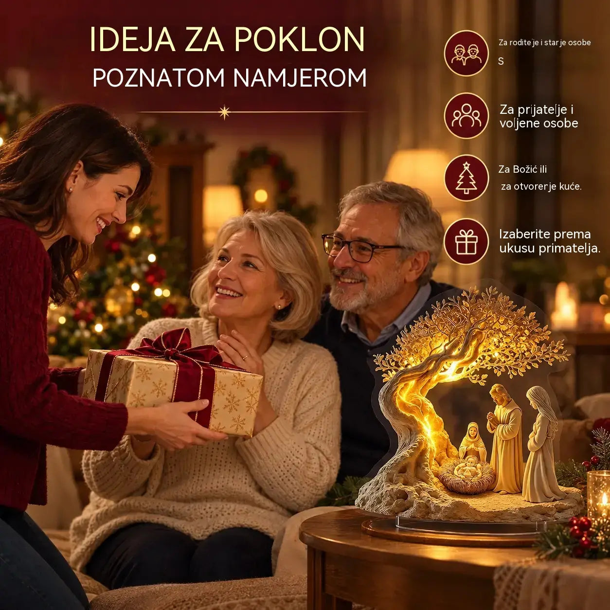 ✨🕯️Dekoracija stola s jaslicama i drvetom života: meko svjetlo za svečanu atmosferu.