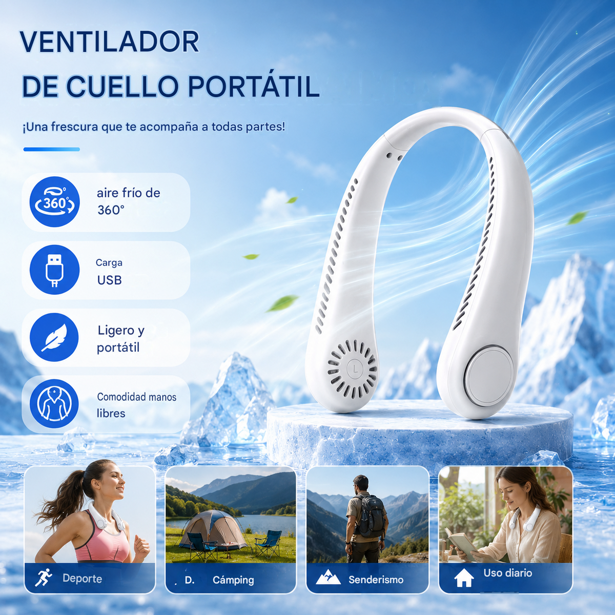 💨 Ventilador de aire acondicionado con cuello – Extremadamente silencioso, portátil y giratorio 360° – Ideal para el verano 🌞