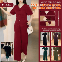 🌸【Top + Pantalones anchos】 Nuevo conjunto casual de moda, tejido de seda con excelente caída