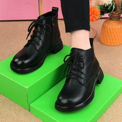 【35-40】Botas martin de piel auténtica para mujer con tacón plano y punta redonda