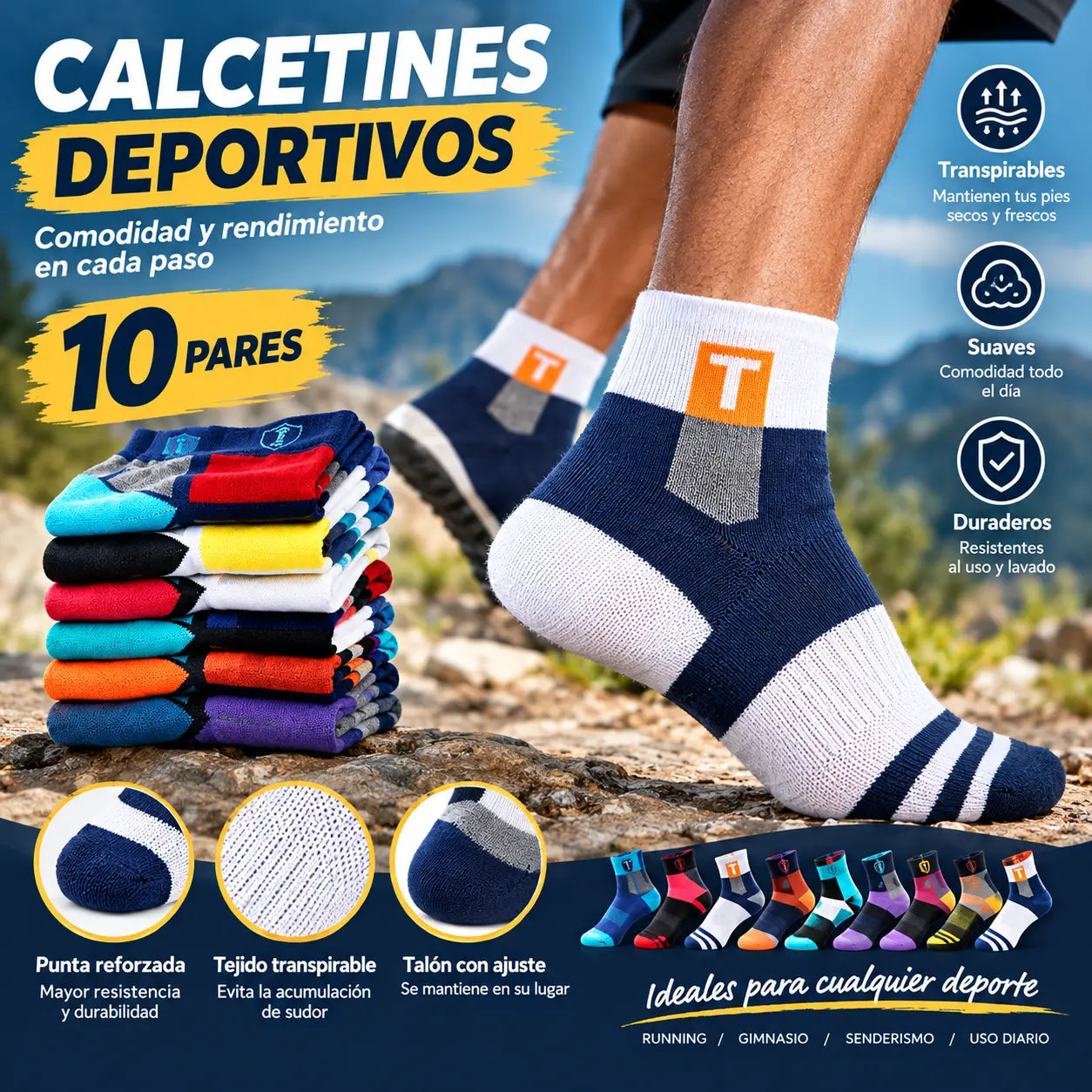 【10 pares】Calcetines deportivos transpirables, antiolores y absorbentes del sudor para hombre