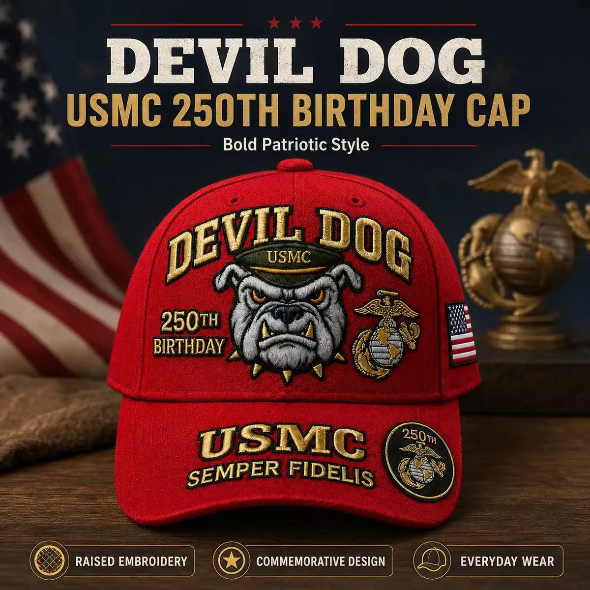 🐶🧢Gorra de béisbol "Devil Dog" del 250 aniversario del Cuerpo de Marines de EE. UU., bordada a mano.
