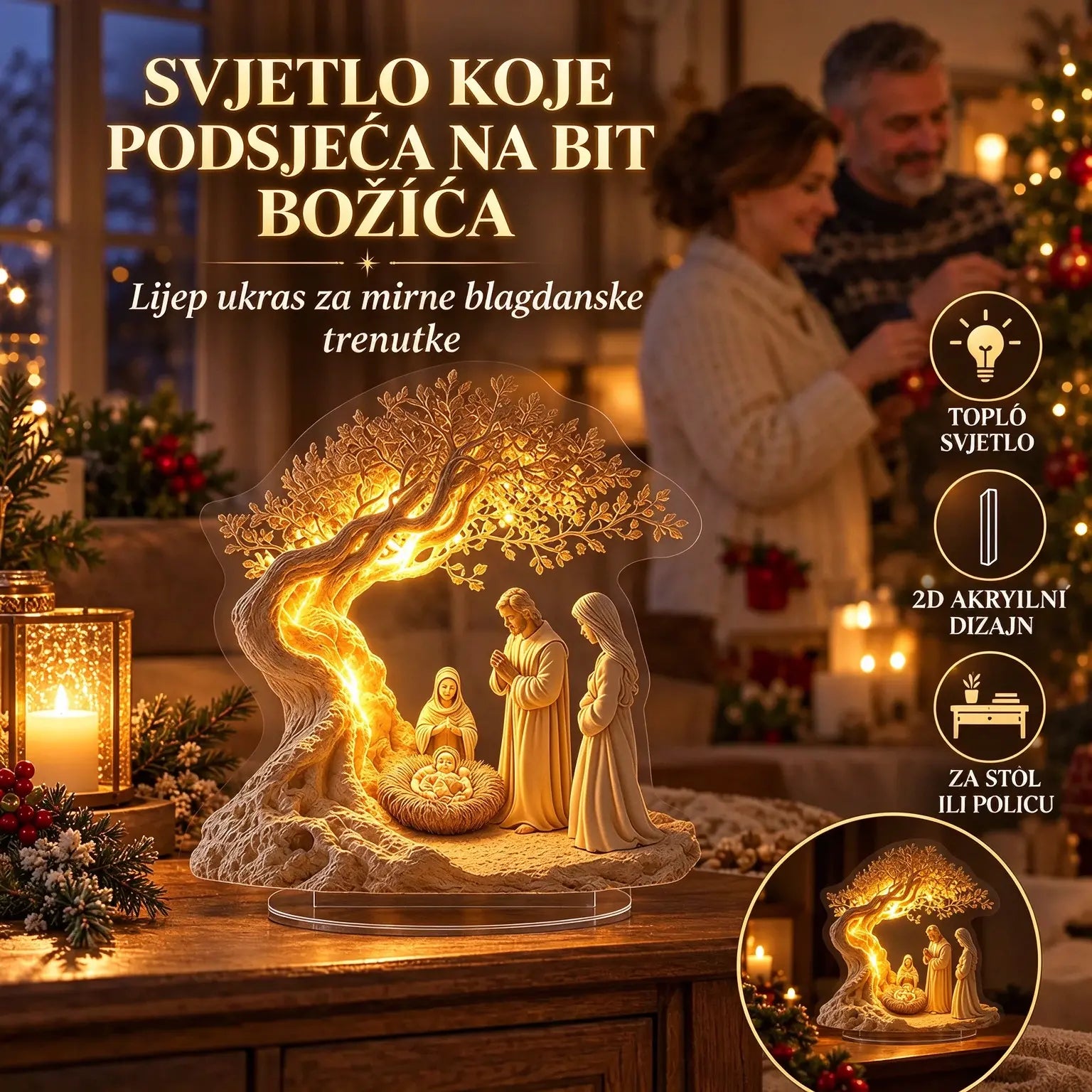 ✨🕯️Dekoracija stola s jaslicama i drvetom života: meko svjetlo za svečanu atmosferu.