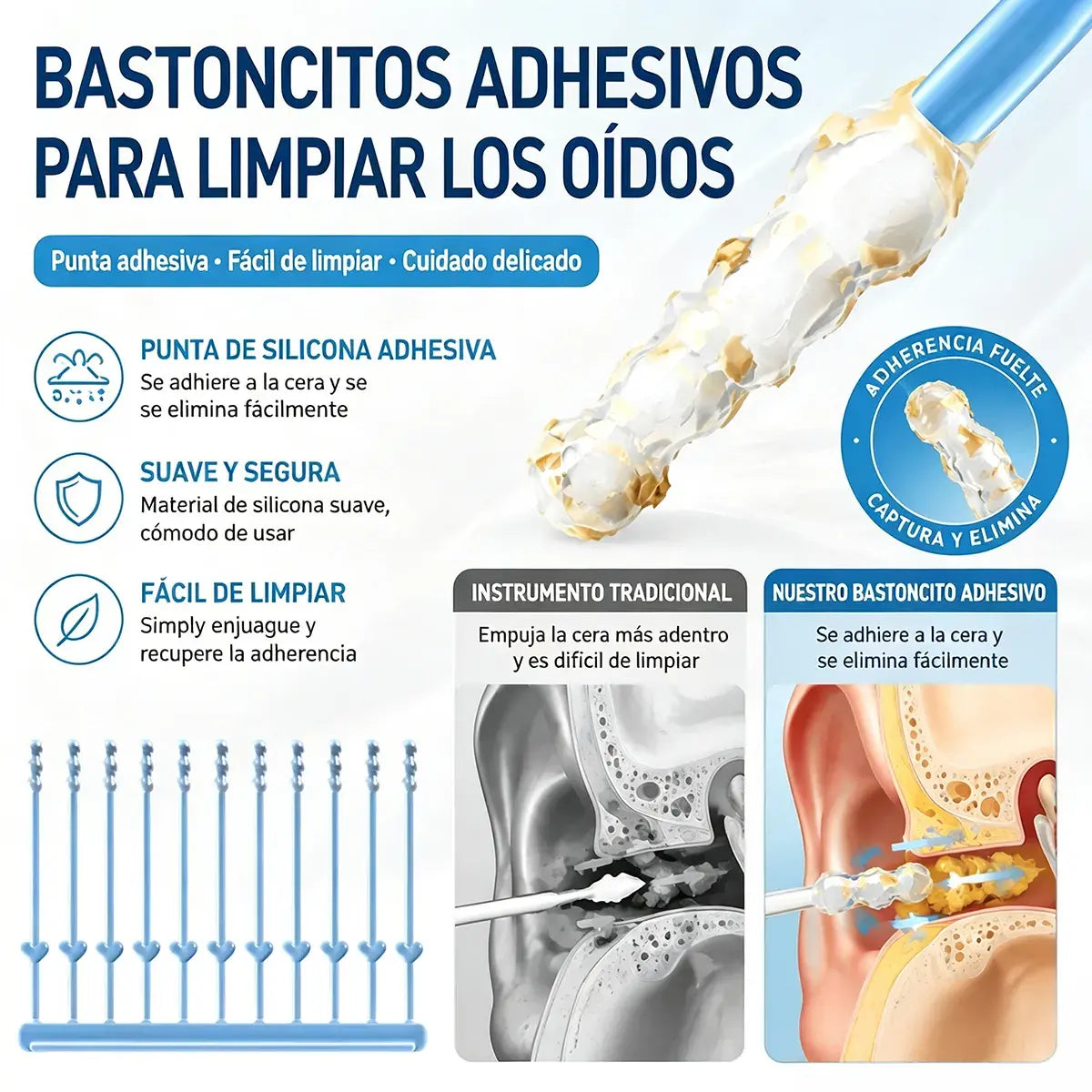 ✨【¡Compra 2 y llévate 2 gratis!】👂 Hisopos de silicona adhesivos para limpieza de oídos | Alternativa ecológica al algodón, elimina la cera con suavidad y sin dolor