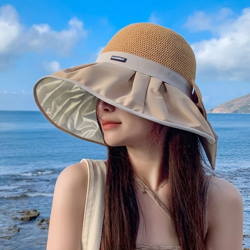 👒🎀Sombrero de sol de punto con lazo – UPF 50+, ala ajustable, perfecto para coletas