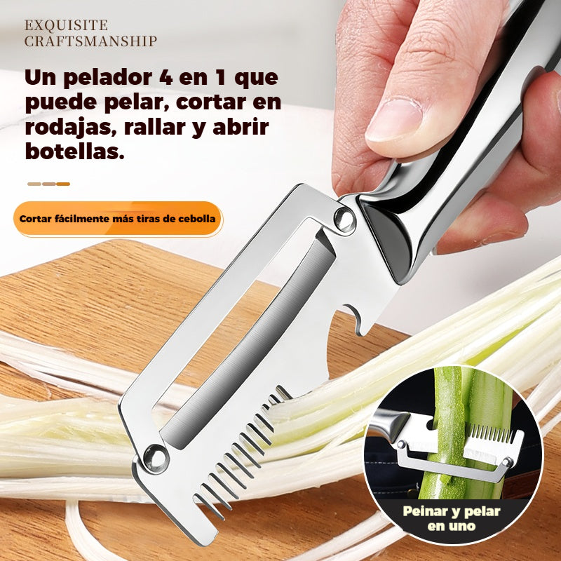 🔥Compre 1 y obtenga 1 gratis（2 piezas）🧅🔪 Pelador de cocina multifuncional 4 en 1: ¡Pela, pica verduras, corta carne y abre botellas! 🔥