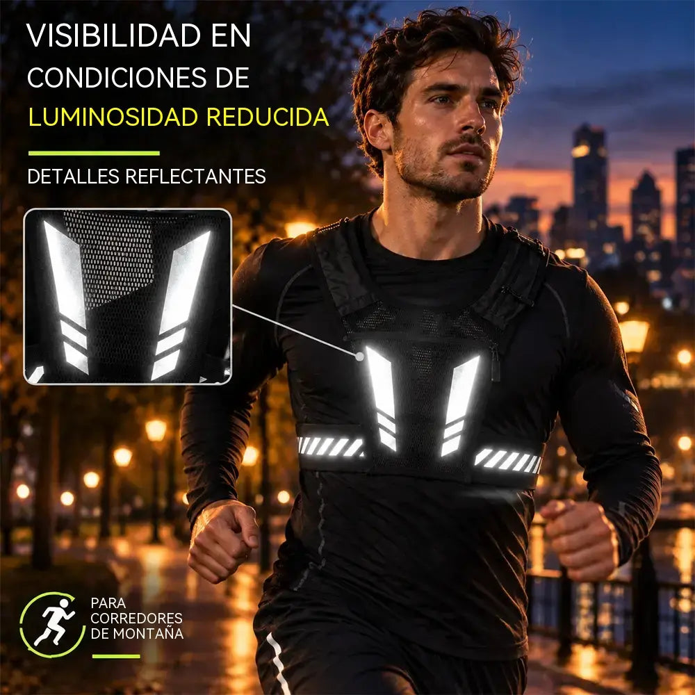🏃 Chaleco deportivo y para correr con bolsillo en el pecho · Bolsillo para el teléfono con cremallera · Soporte trasero para botella de agua · Detalles reflectantes para la noche · Malla transpirable y correas ajustables.