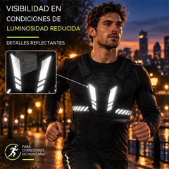🏃 Chaleco deportivo y para correr con bolsillo en el pecho · Bolsillo para el teléfono con cremallera · Soporte trasero para botella de agua · Detalles reflectantes para la noche · Malla transpirable y correas ajustables.