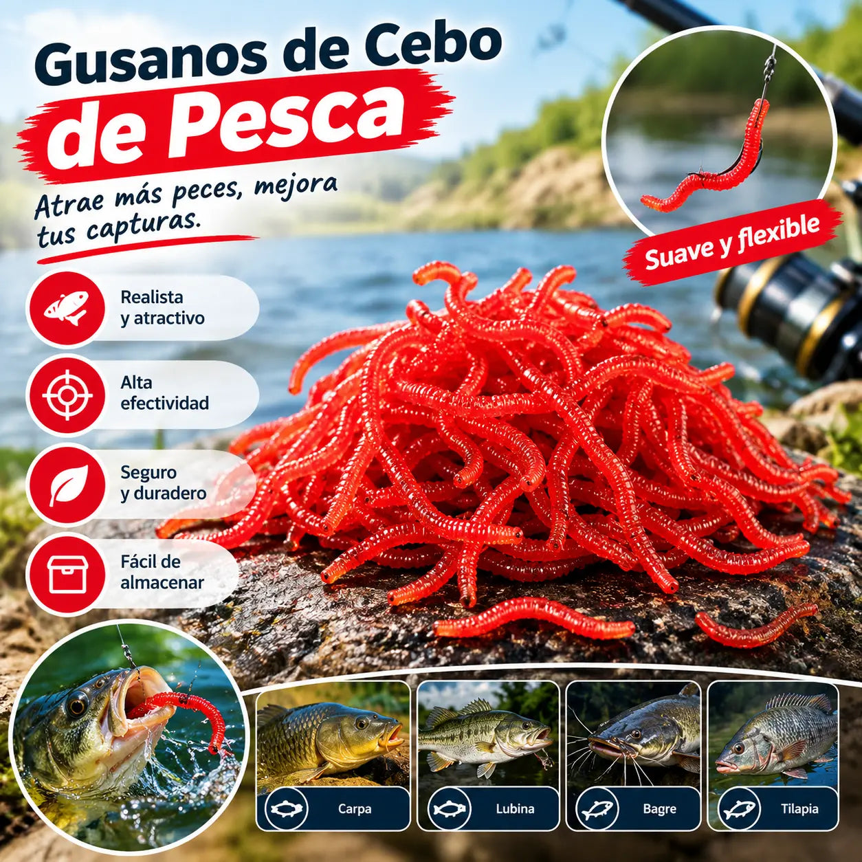 📢📢¡50% de descuento! 【Paquete de 100】⏰ Cebo suave realista con forma de lombriz de tierra, cebo artificial con sabor a camarón, apto para uso en agua dulce y salada.