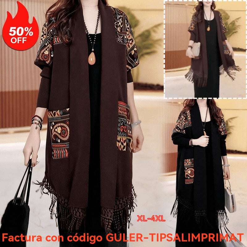 💙✨【XL-4XL】🧣Abrigo largo con flecos estampados para mujer