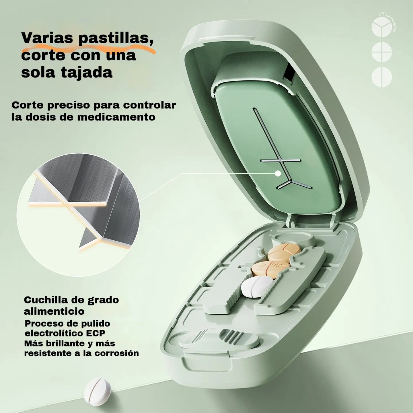 💊 ¡Ahorra un 50%! ✂️ Cortador de pastillas – Corte preciso, práctico para viajar y cuchilla segura ✨