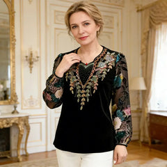 🔥 【XL-6XL】✨ Blusa de terciopelo con flores bordadas y strass – Manga larga, cuello V, diseño de lujo para ocasiones especiales 🌹