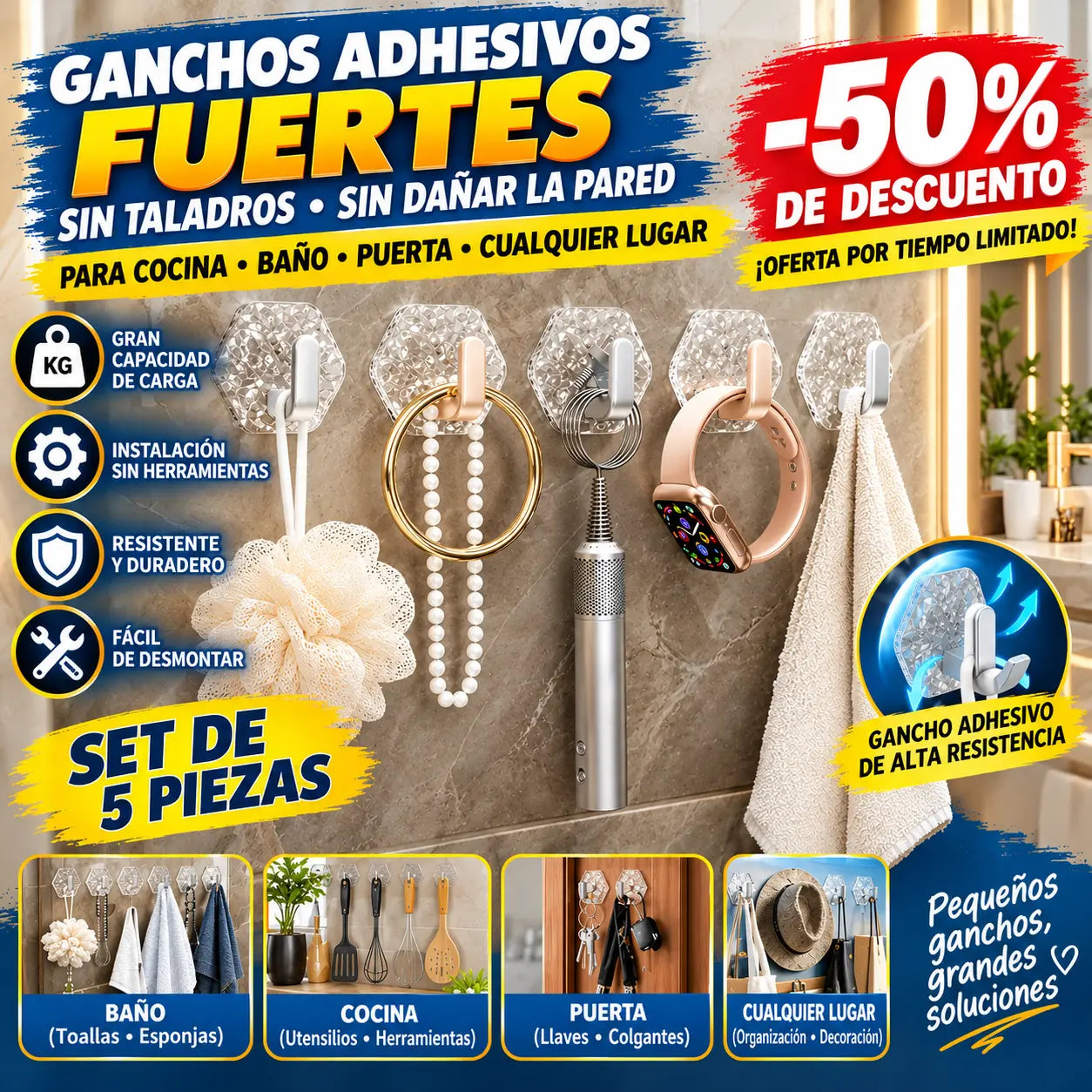 【10 piezas】🛁🚪Gancho con ventosa: soporte adhesivo resistente y antiadherente.🏡