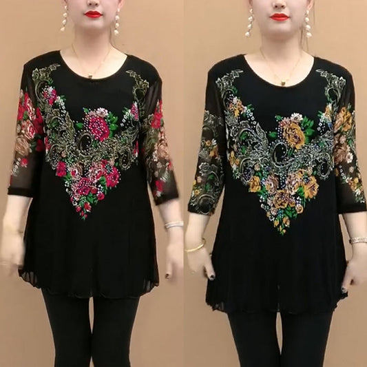 【L-5XL】Camisa de gasa con flores bordadas a la moda 2024 para mujer