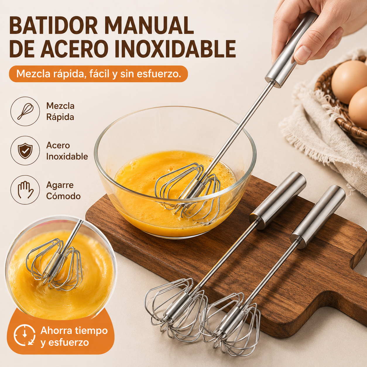 【 Conjunto de 3 piezas】Batidor de huevos semiautomático de acero inoxidable