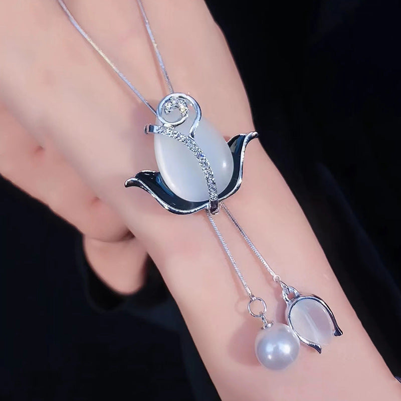 💝【2 piezas】✨Collar largo de tulipán con ojo de gato, cadena para suéter, accesorios de ropa