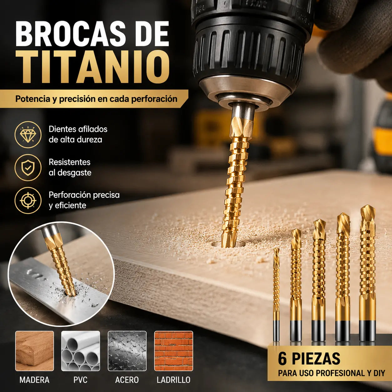 【Juego de 6 piezas】⚙️ Juego de brocas helicoidales: fabricadas en acero rápido, con recubrimiento de titanio y aptas para diversos materiales 🧰