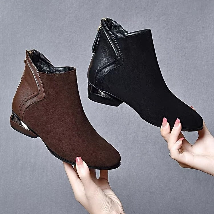 【35%OFF】🔥【35-41】 2025 ¡Otoño e invierno nuevas botas Martin de tacón corto y cachemira con empalme de piel de vaca y cabeza redonda!