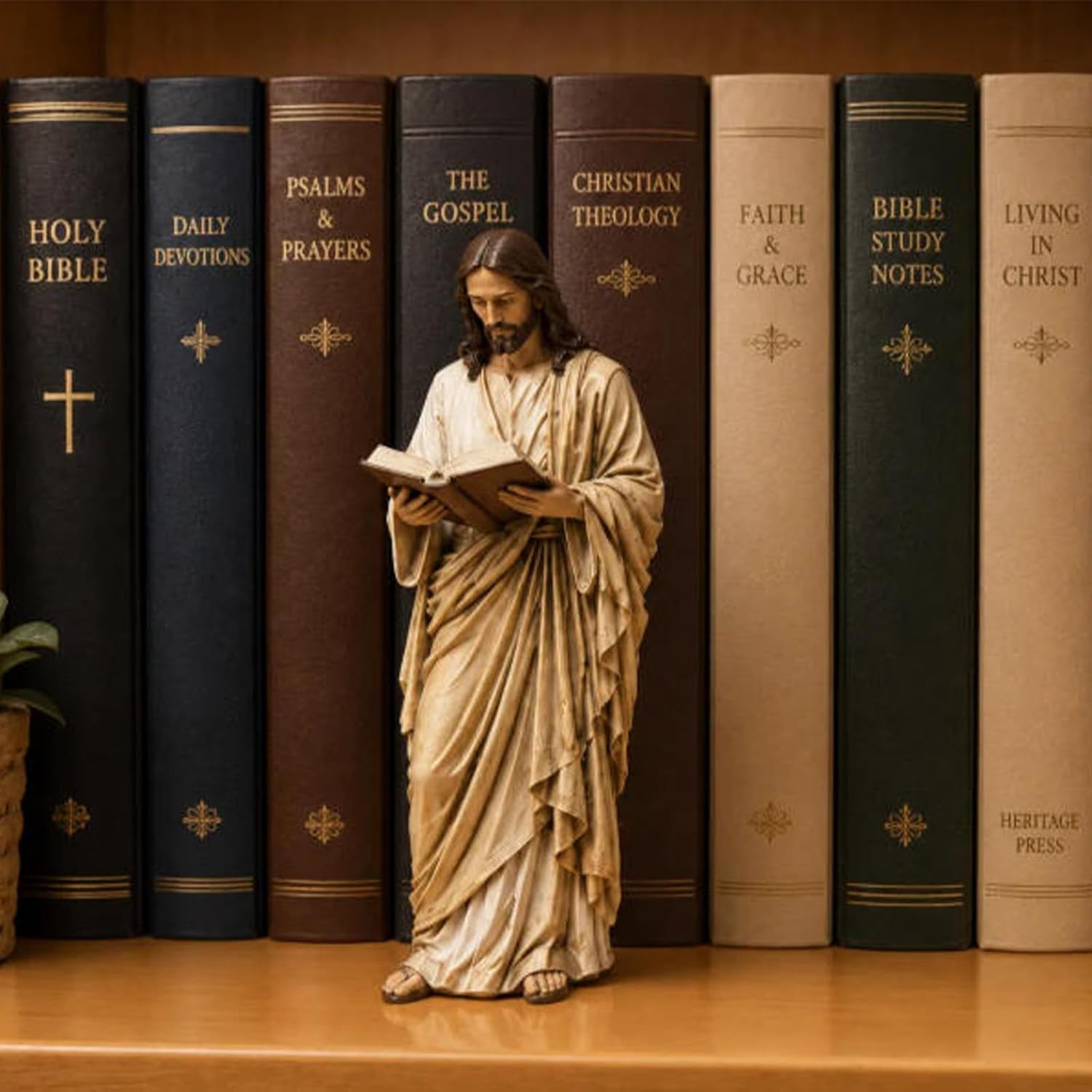 🔥 Último día: 50% de descuento - ✝️Conjunto de decoración de estantería con estatua de Jesús🙏Un compañero sagrado en tu camino diario de fe📚