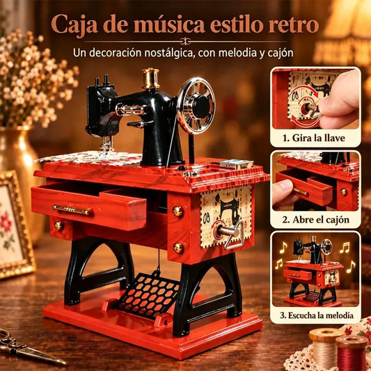 🎵✨ Caja de Música Vintage en Forma de Máquina de Coser de Madera | Adorno de Escritorio con Mecanismo de Cuerda | Regalo Retro 🧵