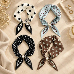 🧣【Juego de 4 piezas】✨ Pañuelo de Seda con Perlas y Cierre Magnético para Mujer | Elegante, Sin Nudos | Varios Estampados 🎀