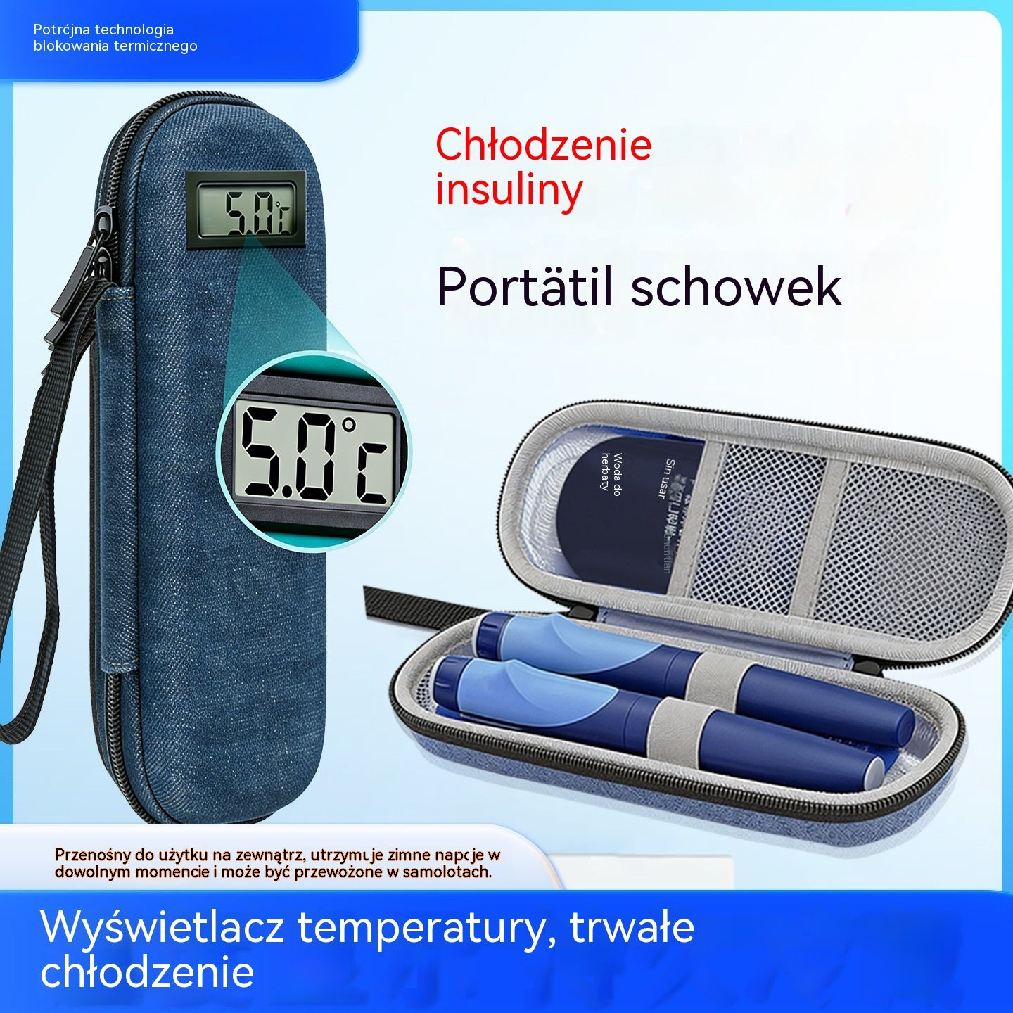 ❄️✈️Przenośna chłodziarka do insuliny ze wskaźnikiem temperatury