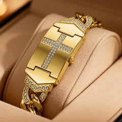 🙏⌚Reloj con cruz de cristal brillante: esfera rectangular geométrica, correa de metal de primera calidad.