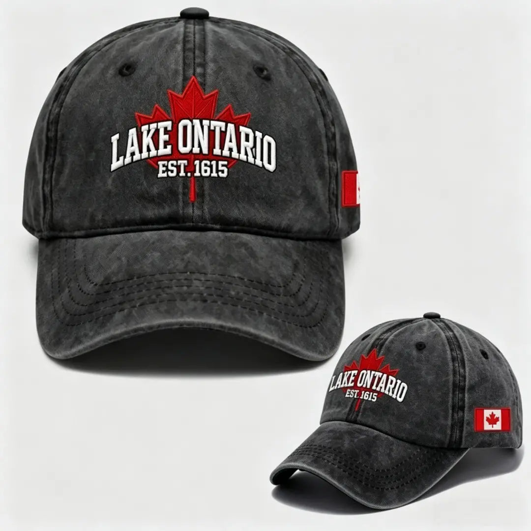 🧢🍁Gorra de béisbol retro ajustable con bordado de hoja de arce junto al lago