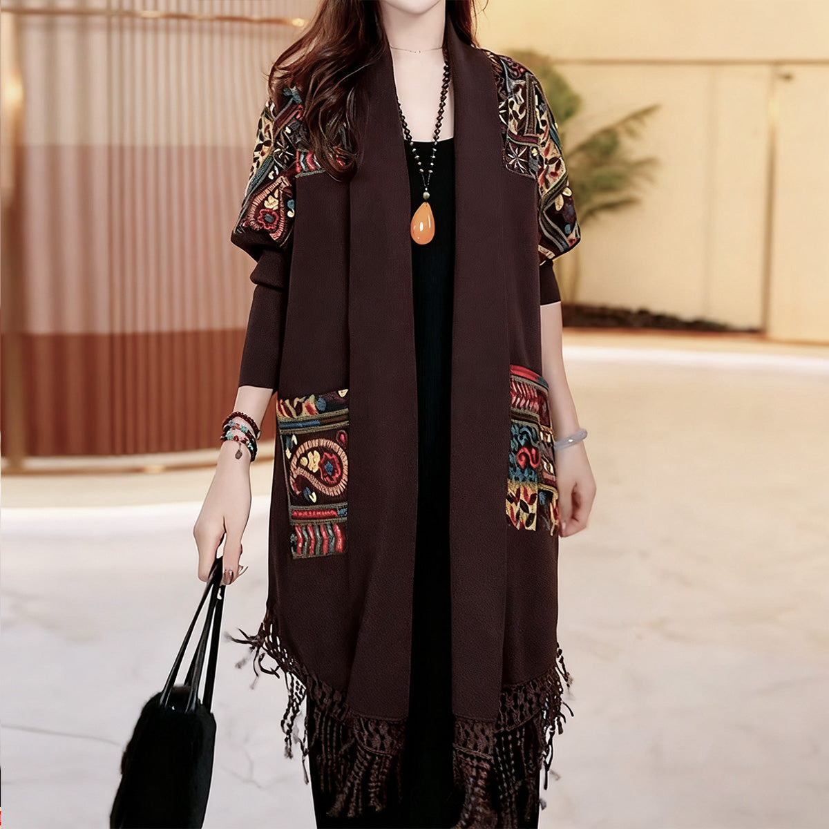 💙✨【XL-4XL】🧣Abrigo largo con flecos estampados para mujer