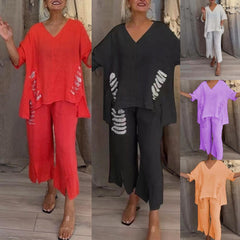 【Pantalones + Top】2025 Traje de dos piezas de lino y algodón con cuello en V para mujer