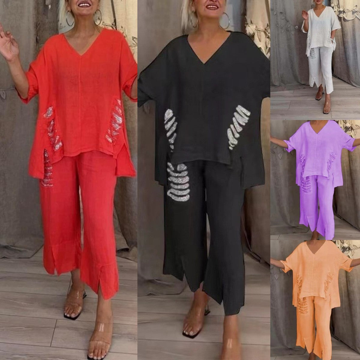 【Pantalones + Top】2025 Traje de dos piezas de lino y algodón con cuello en V para mujer