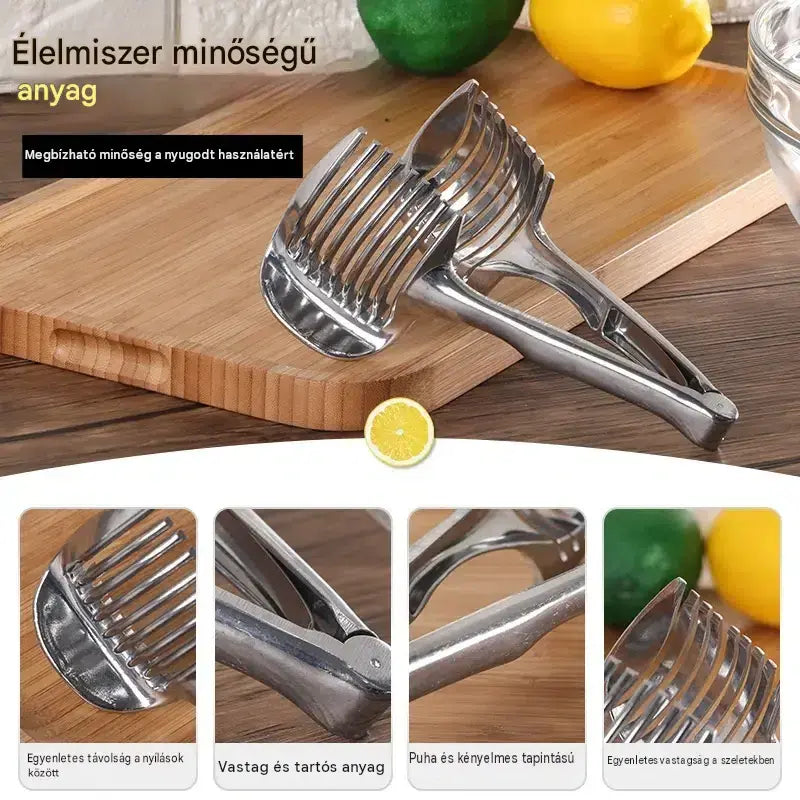 🍅 Rozsdamentes acél kézi konyhai szeletelő | Útmutató paradicsom, citrom, hagyma és egyebek egyenletes szeleteléséhez