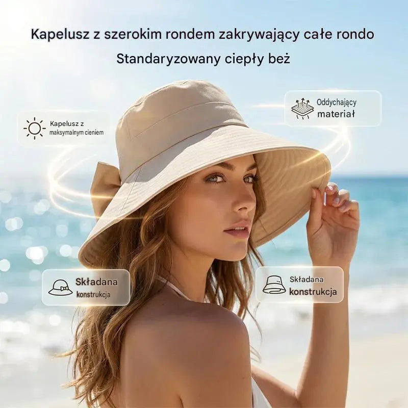 Damski kapelusz przeciwsłoneczny z szerokim rondem i kokardą – składany, zapewniający ochronę 360°