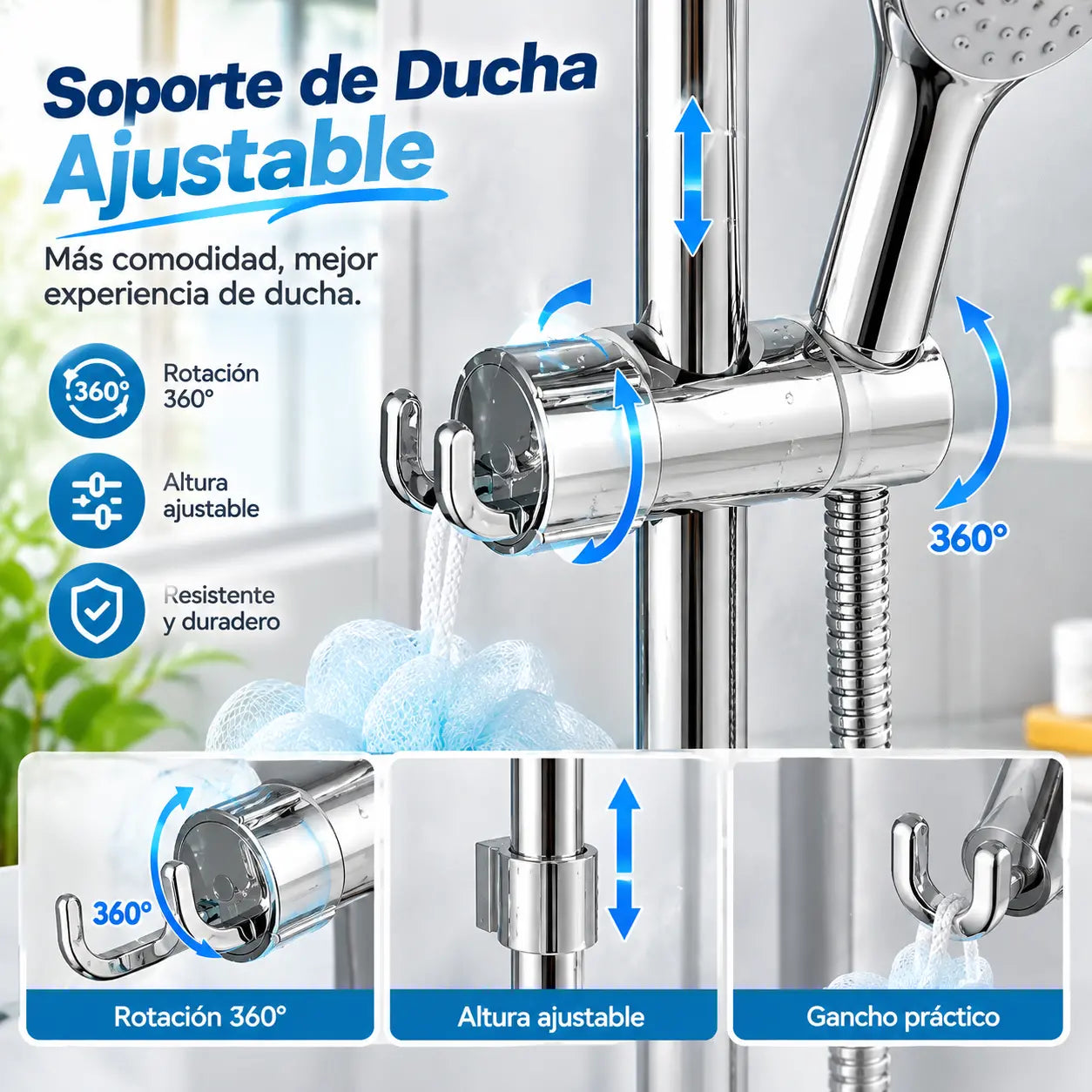 🚿 Soporte Universal para Ducha Sin Taladro｜Instalación en 3 Segundos, Súper Firme y Ajuste Perfecto