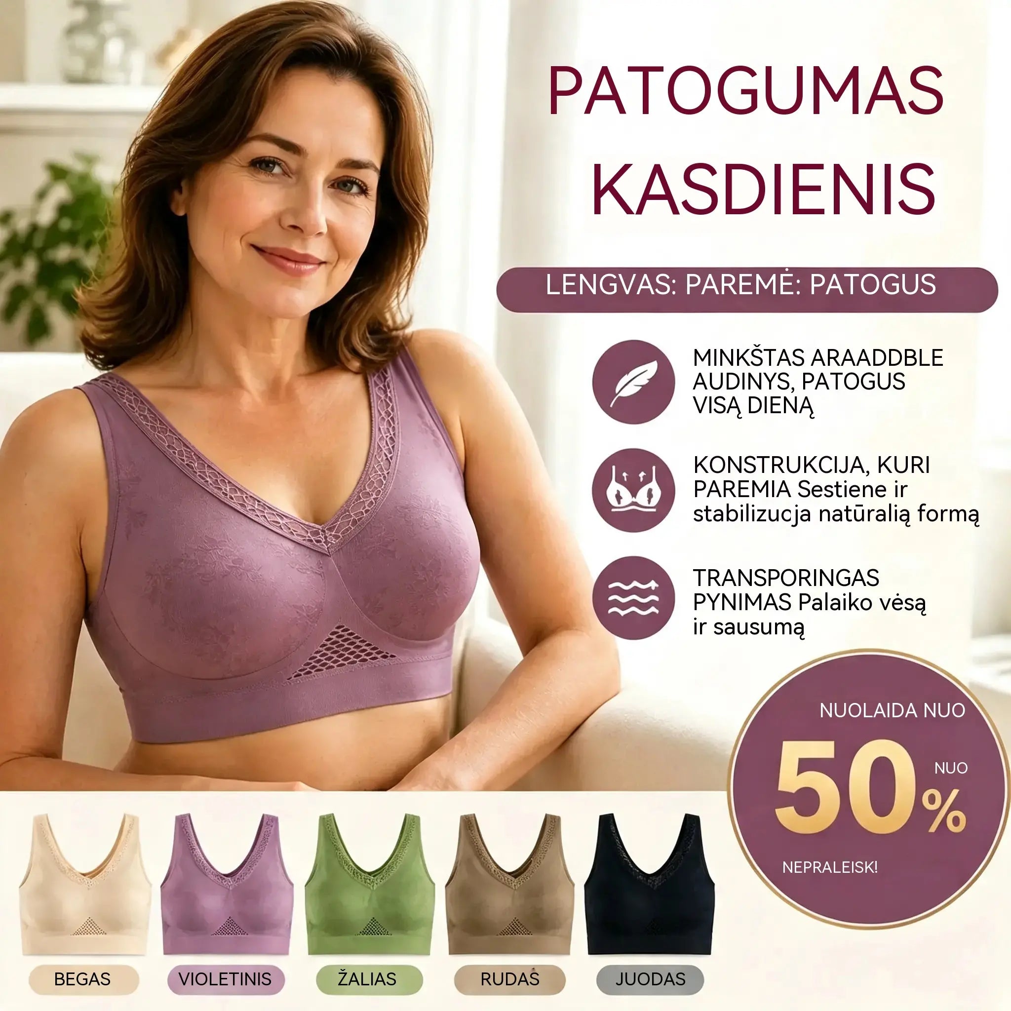 40–120 kg [3 vnt. pakuotė] Moterų stipriai prilaikanti nėriniuota liemenėlė be lankelių