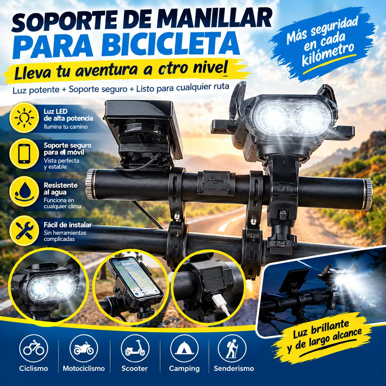 📢📢 ¡Oferta por tiempo limitado: 50% de descuento! 🚴‍♂️🛡️ Extensor para manillar de bicicleta: alimentación por USB, resistente al agua, doble soporte.