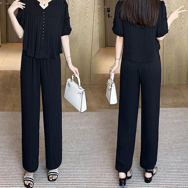 🌸【Top + Pantalones anchos】Traje de seda helada de moda