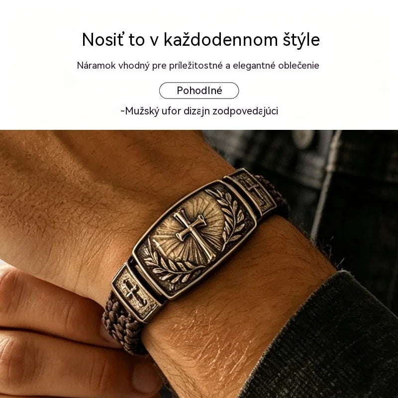 Pánsky náramok z pletenej kože s krížom a olivovou korunou, kov v štýle vintage, výnimočný darček