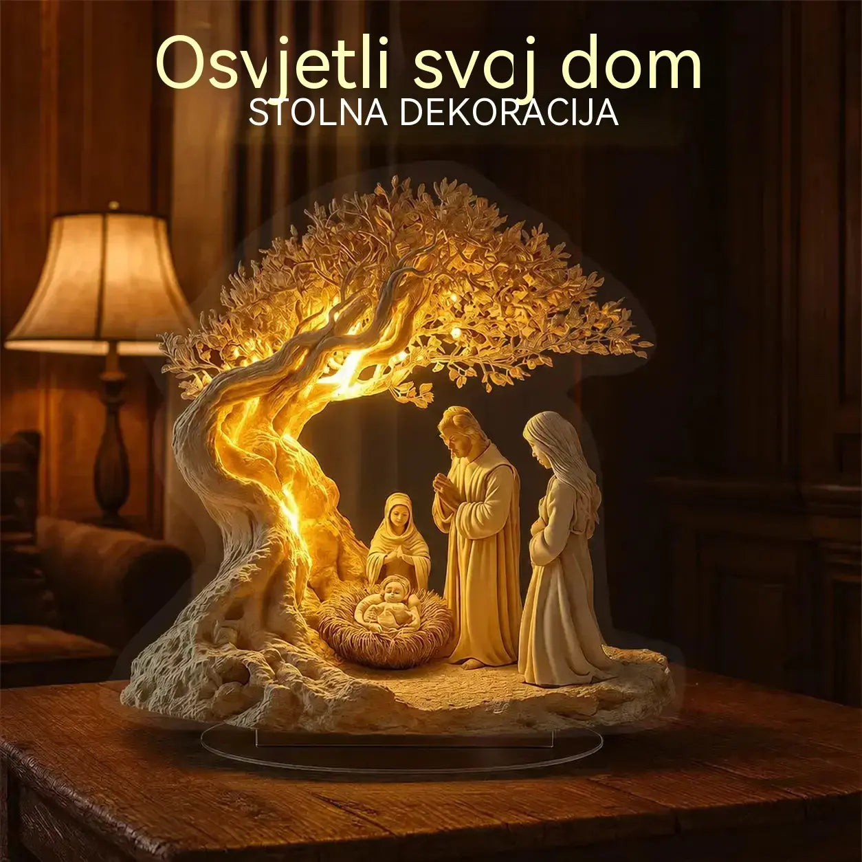 ✨🕯️Dekoracija stola s jaslicama i drvetom života: meko svjetlo za svečanu atmosferu.