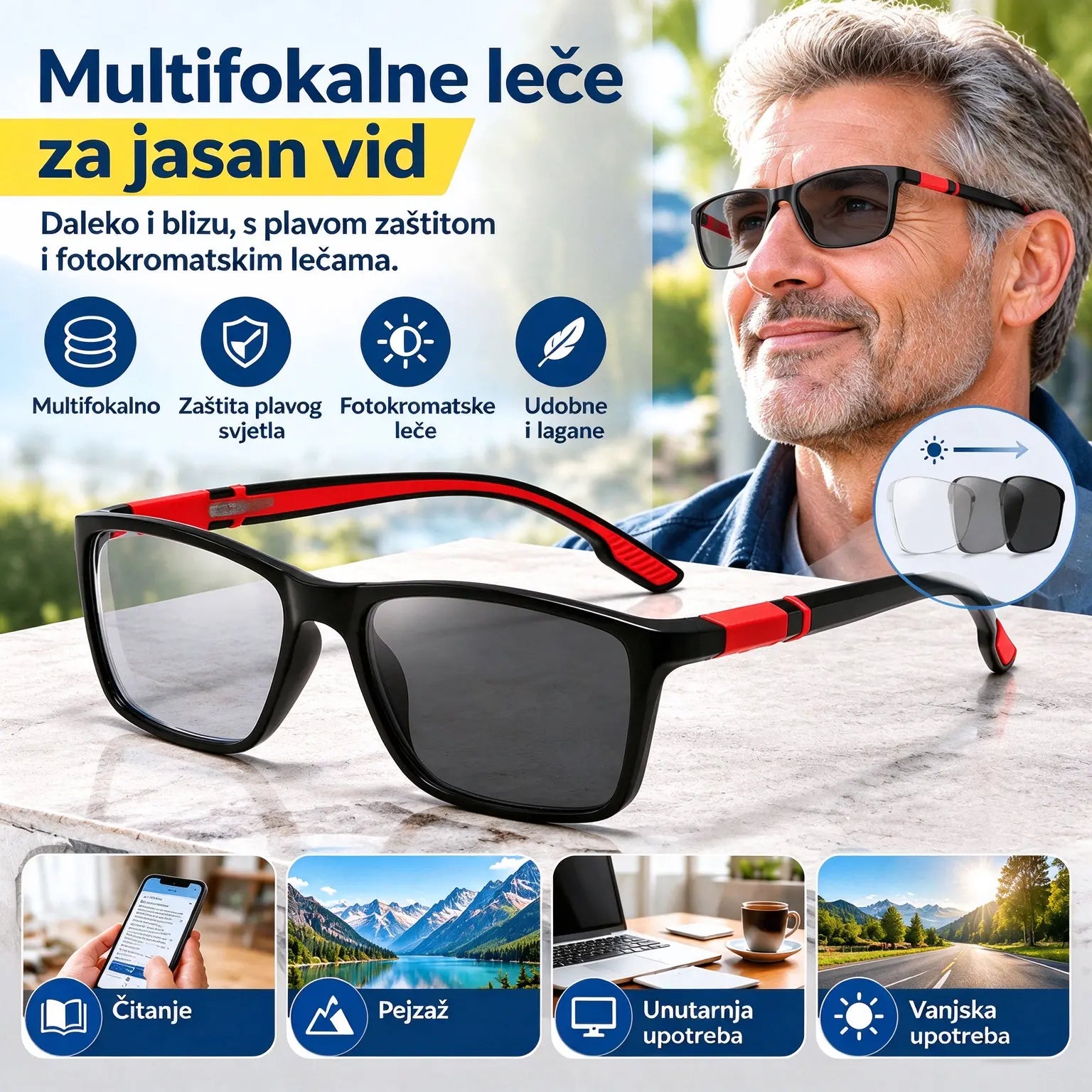 Nove moderne multifokalne naočale za čitanje sportskog stila: fotokromatske naočale koje ne klize, namijenjene starijim osobama i prikladne za gledanje na blizinu i daljinu.