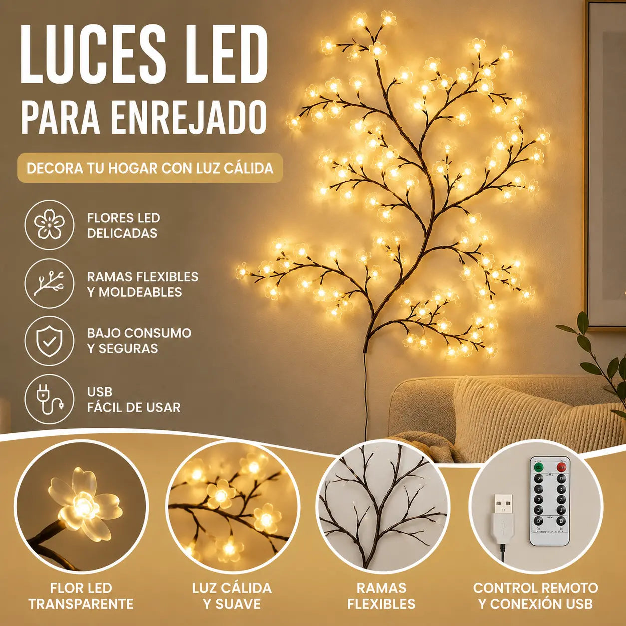 🌸✨ Las luces LED con forma de flor de durazno se utilizan para decorar paredes interiores y crear un ambiente romántico.