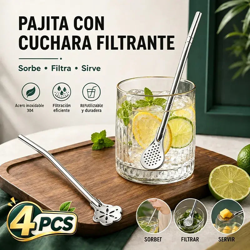 🍹 Cuchara-Pajita Multiusos de Acero Inoxidable – Filtra y Mezcla en uno, Perfecta para Leche y Té 🥤