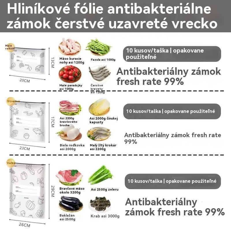 🥩【30 kusov：10 malých + 10 stredných + 10 veľkých】Vrecko z hliníkovej fólie potravinárskej kvality so zipsom na zachovanie čerstvosti, vhodné do domácej chladničky