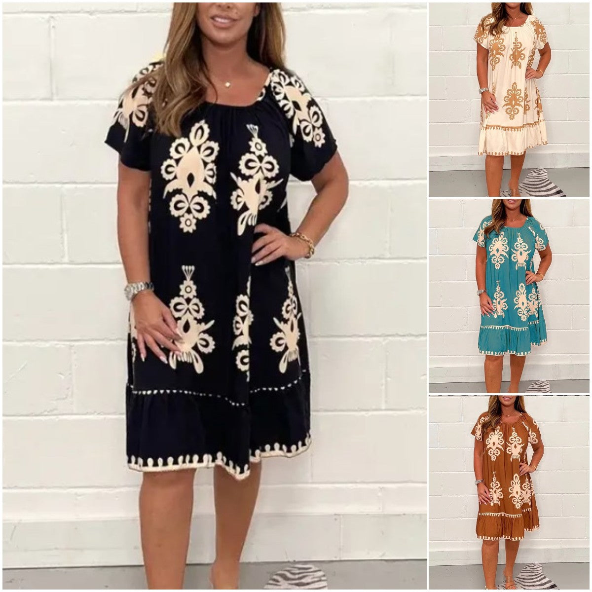 【S-4XL】Vestido de cuello cuadrado con estampado geométrico con múltiples estampados