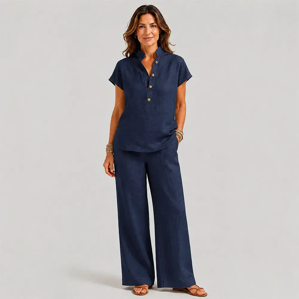🔥【S-3XL】✨Conjunto de mujer de lino y algodón – blusa de manga corta y pantalón de pierna ancha, estilo casual y elegante de verano