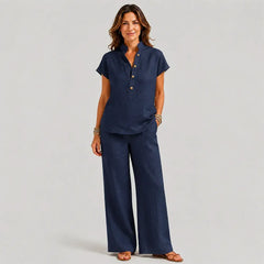 🔥【S-3XL】✨Conjunto de mujer de lino y algodón – blusa de manga corta y pantalón de pierna ancha, estilo casual y elegante de verano